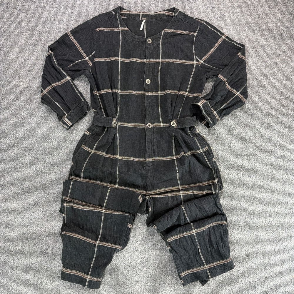 Free People Black Plaid Button Front Long Sleeve Jumpsuit Small Boho Crinkle